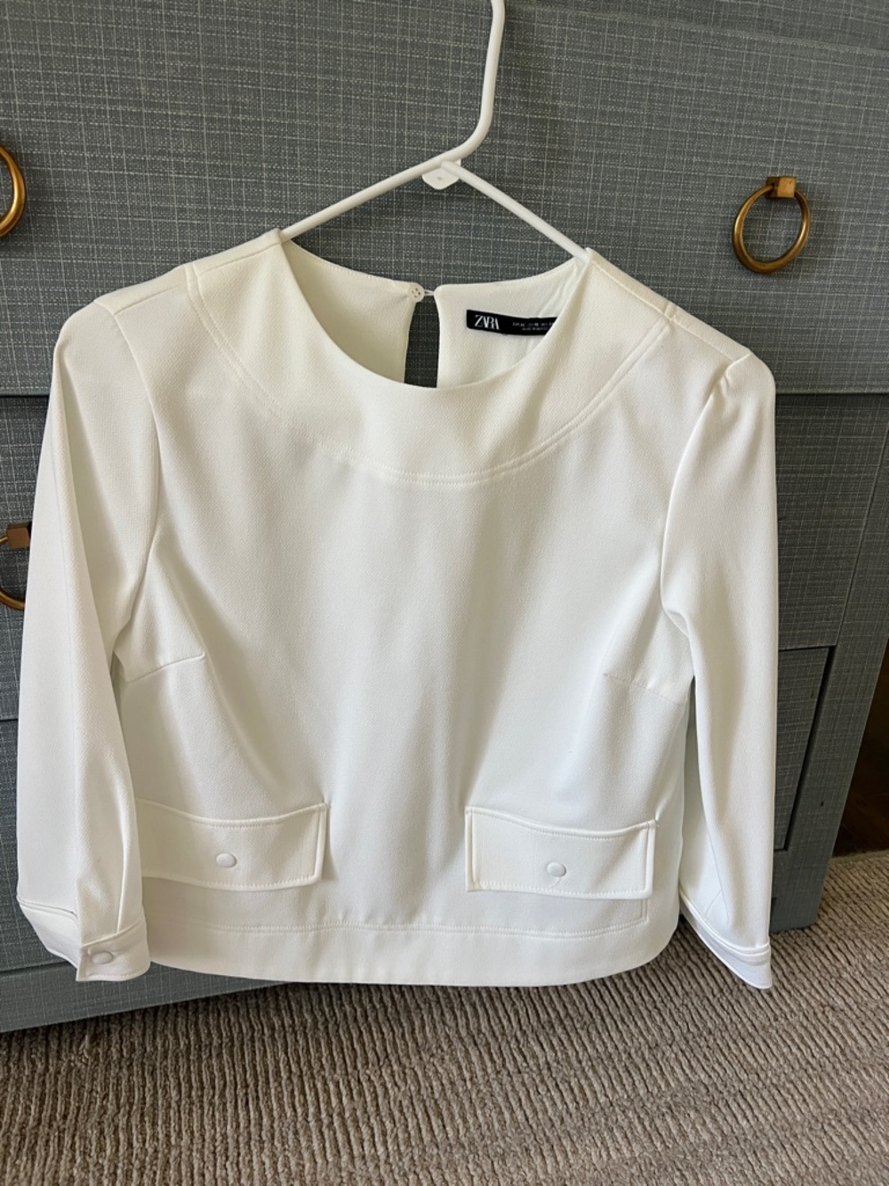 Zara Cream Structured Crewneck Pocket Blouse